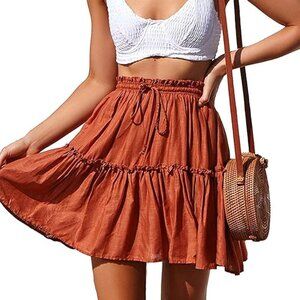 Women's High Waist with Drawstring Ruffle Flared Boho A Line Skater Mini Skirt